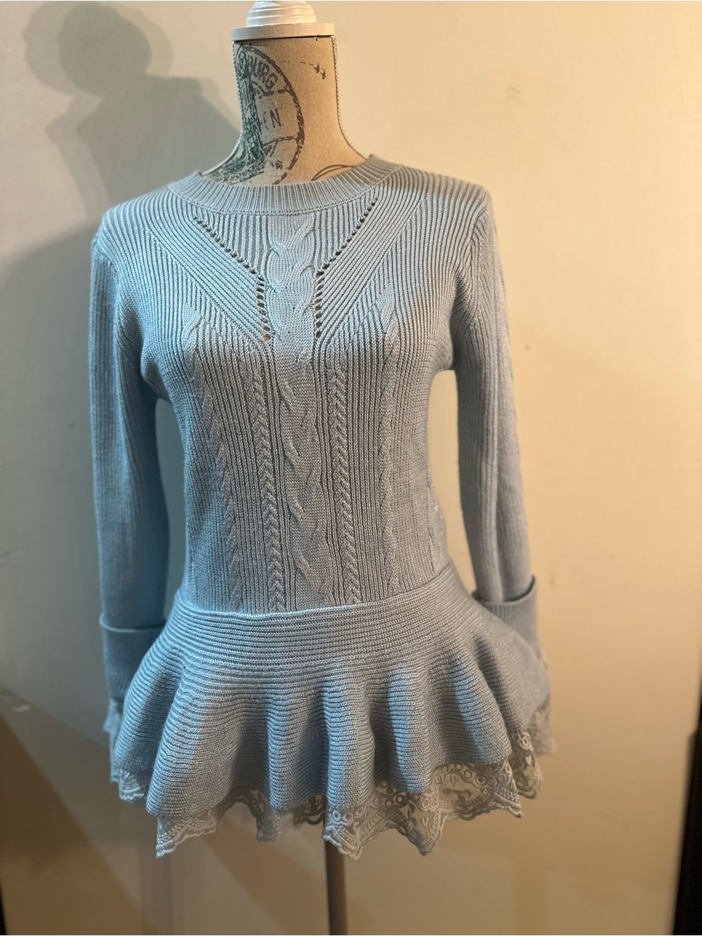 Endless Rose Light Blue Cable-Knit Peplum Sweater with Lace Hem